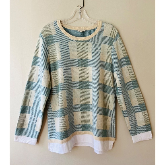 Talbots Sz M Crew Neck Sweatshirt Pullover Stretch Plaid Beige Blueish Retro - Picture 1 of 9